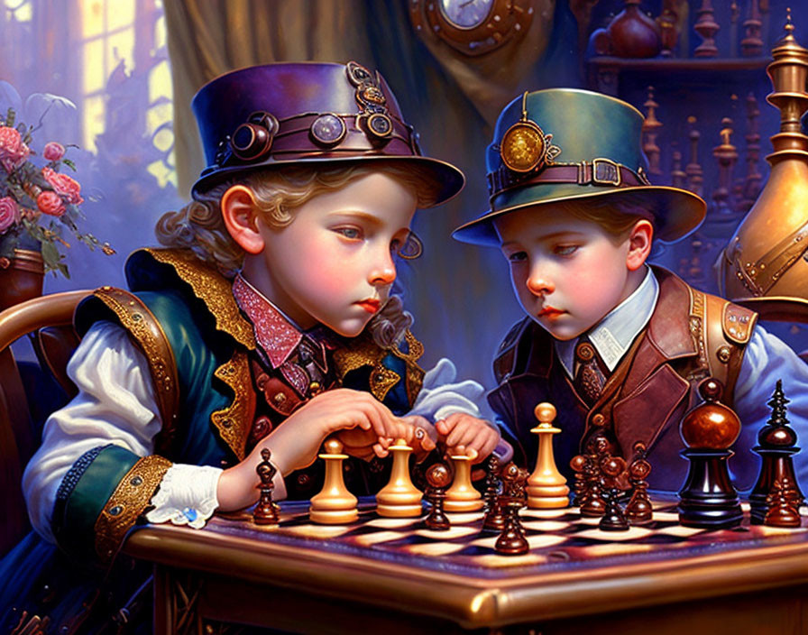 Steampunk-themed chess game with children in Victorian setting