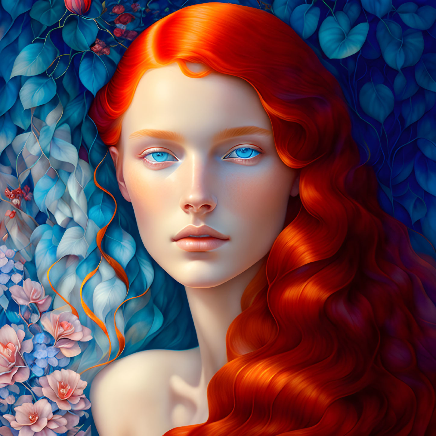 Vibrant portrait of woman with red hair and blue eyes among blue flowers