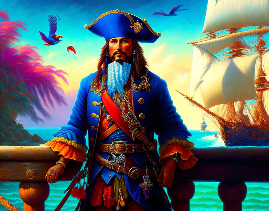 Colorful Pirate Illustration with Ship, Tropical Scenery, and Parrot