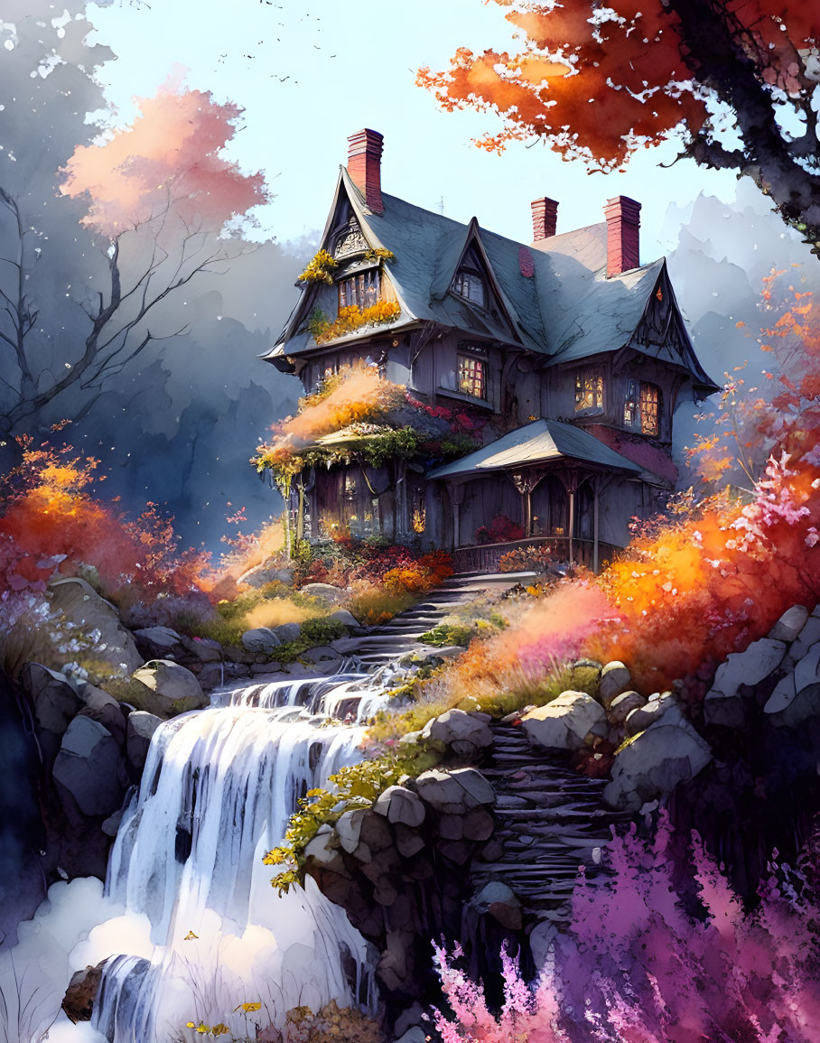 Victorian-style house on waterfall with autumn foliage