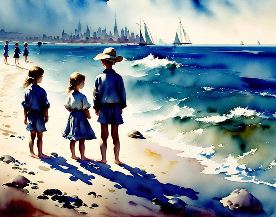 Children on beach gaze at city skyline and sailboats under blue sky