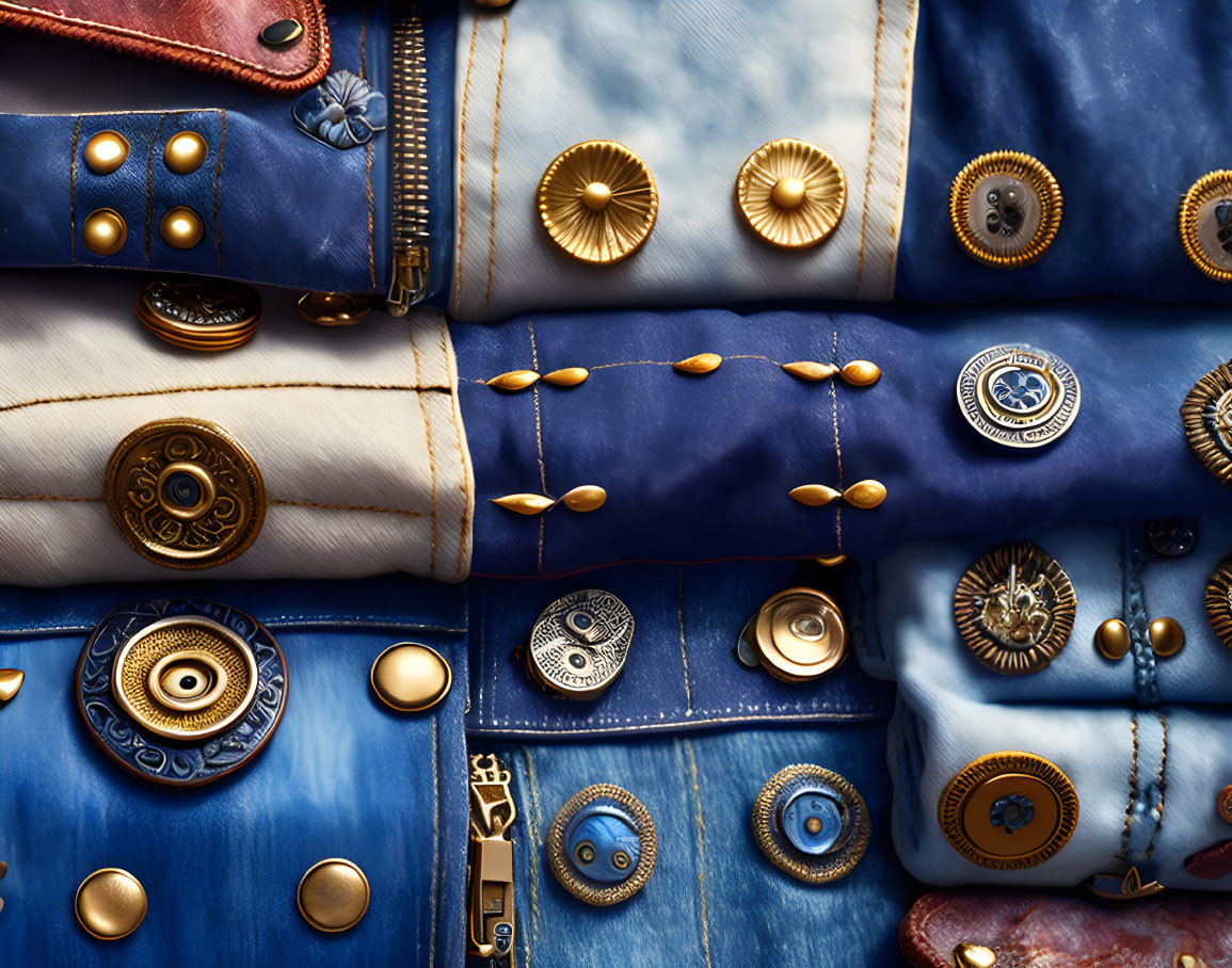 Collection of ornate metal buttons on colorful fabrics in blue and gold