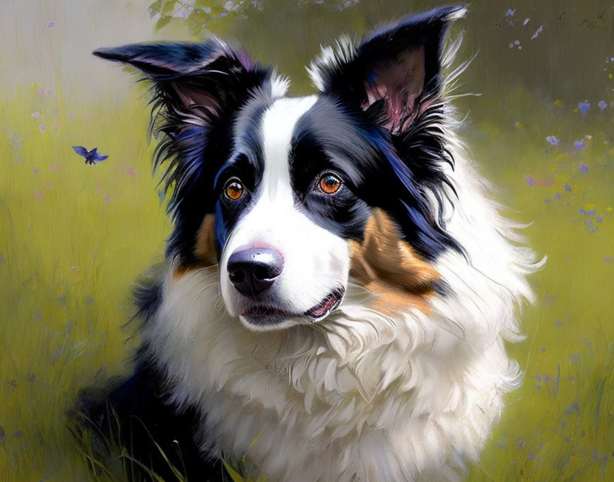 Black and White Border Collie with Tan Markings in Field with Blue Butterfly and Wildflowers