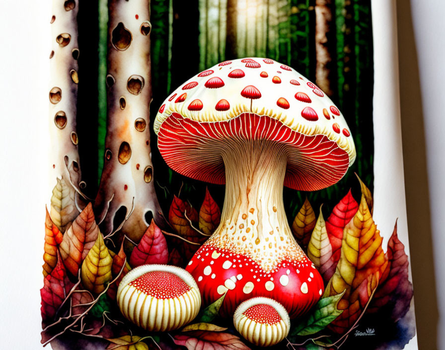 Vibrant red and white mushrooms in autumn forest setting