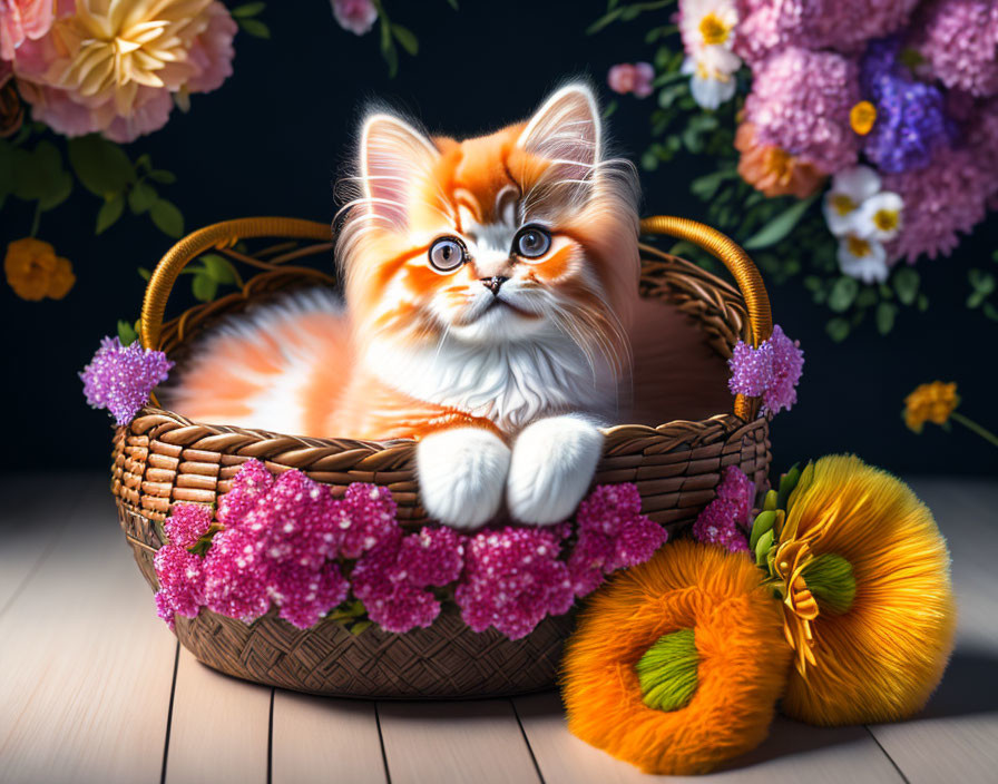 Fluffy orange and white kitten in wicker basket with pink flowers