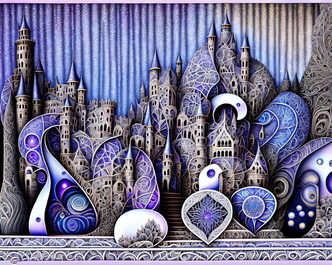 Detailed whimsical illustration: fantastical castles and surreal patterns in blue and white