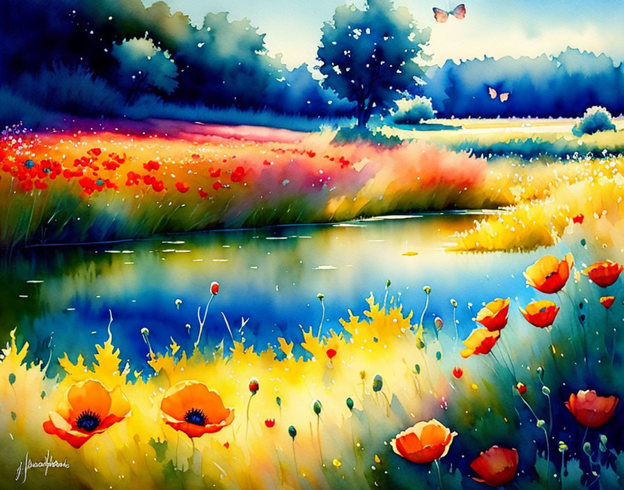 Colorful watercolor painting of poppy field, river, and woods