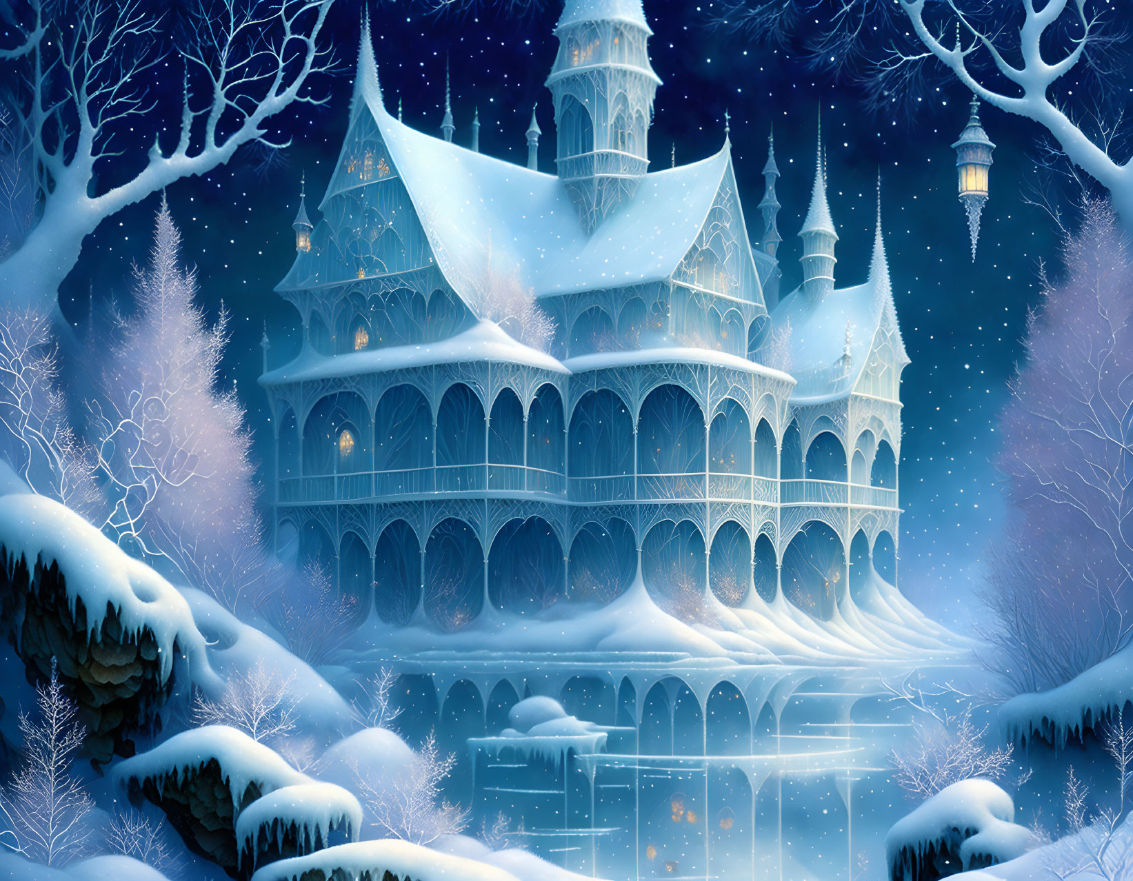 Snowy landscape with majestic ice castle and glowing lanterns