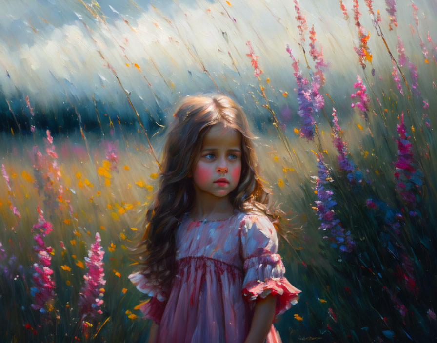 Young girl in pastel dress surrounded by vibrant wildflowers and soft glowing sky