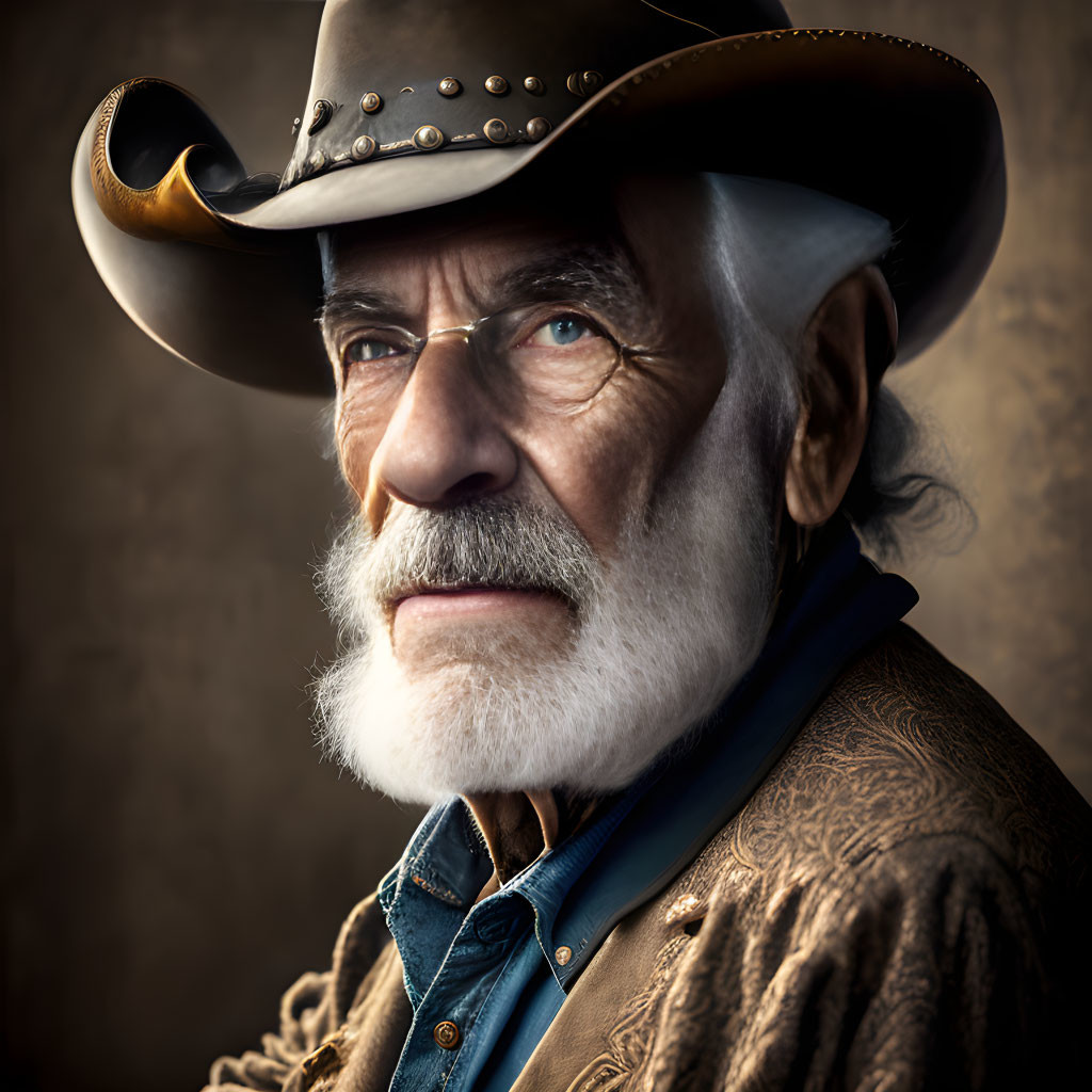 Elderly man with white beard in cowboy attire