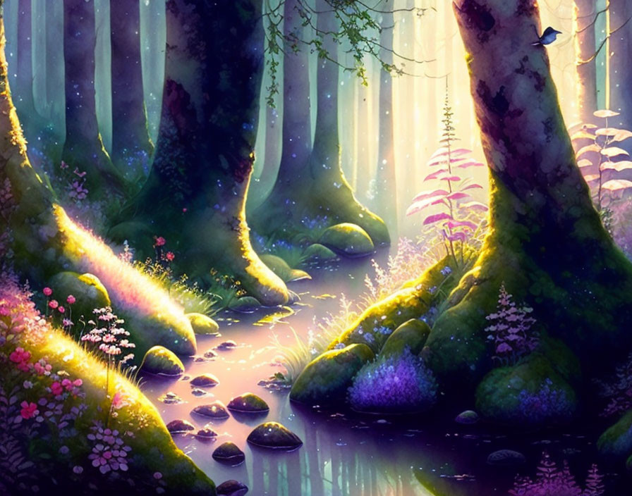 Sunlit forest glade with vibrant flowers and flying bird