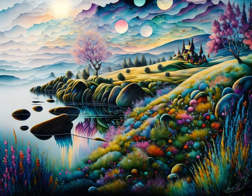 Colorful surreal landscape with flora, hills, lake, orbs, and castle under pastel sky