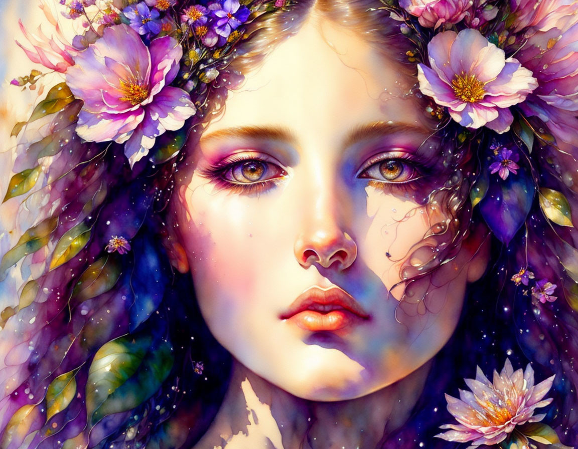 Detailed illustration: Woman with floral crown, dewy skin, vibrant purple hair tones.