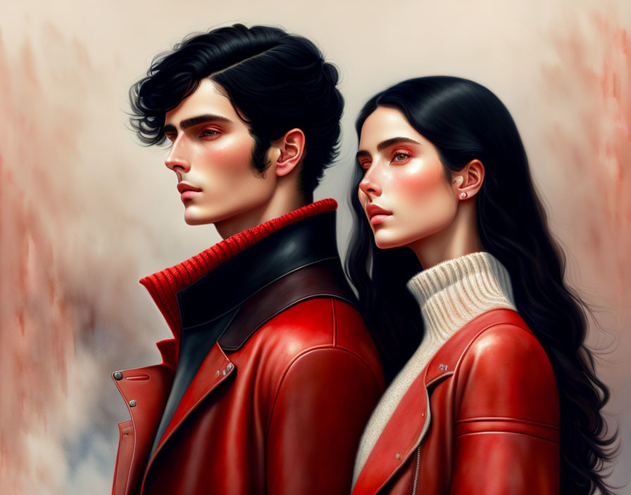 Stylish man and woman in red and white tops with sharp features and dark hair in abstract setting