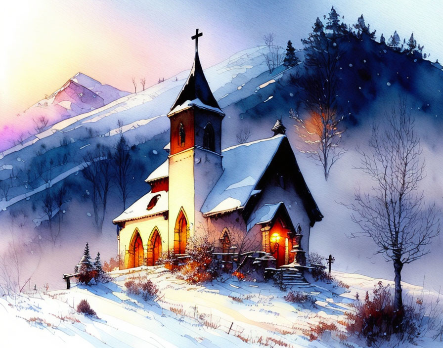 Snowy landscape watercolor painting: Small church at dusk with purple mountains