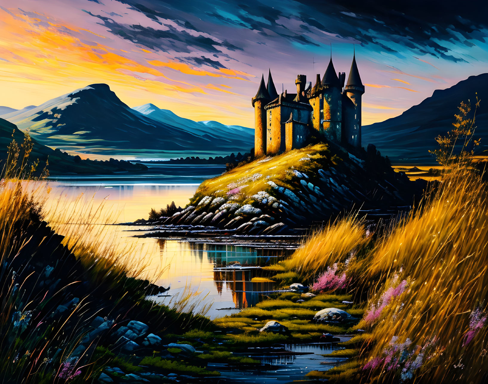 Enchanting castle on grassy hill at sunset with lake and mountains