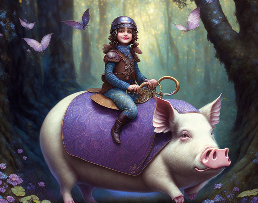 Child in fantasy outfit rides giant pig in mystical forest with purple butterflies.