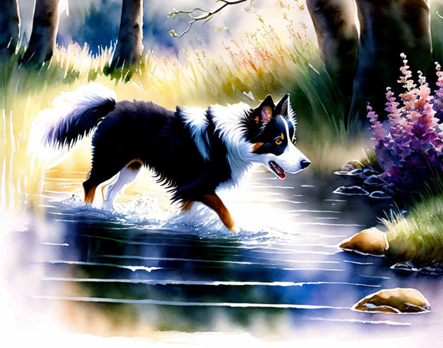 Border Collie wading in water with lush greenery and sunlight.