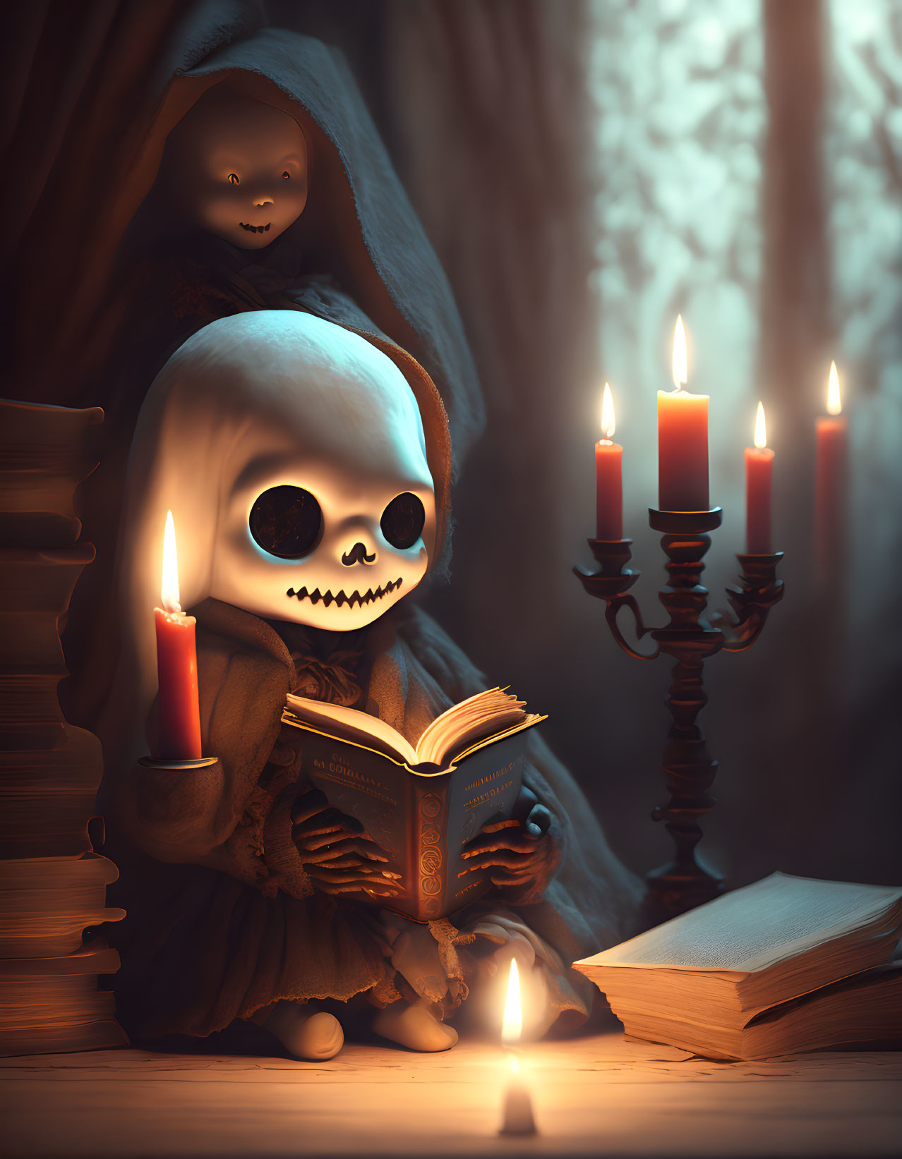 Illustration of skeletal figure reading book in mystical scene