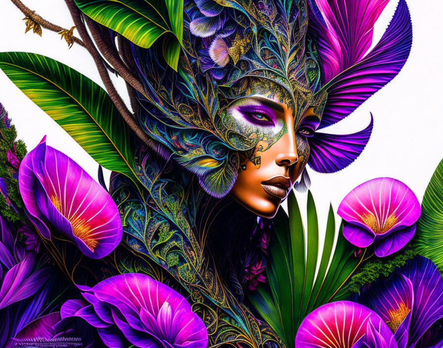 Colorful digital illustration of woman with masquerade mask & tropical flora