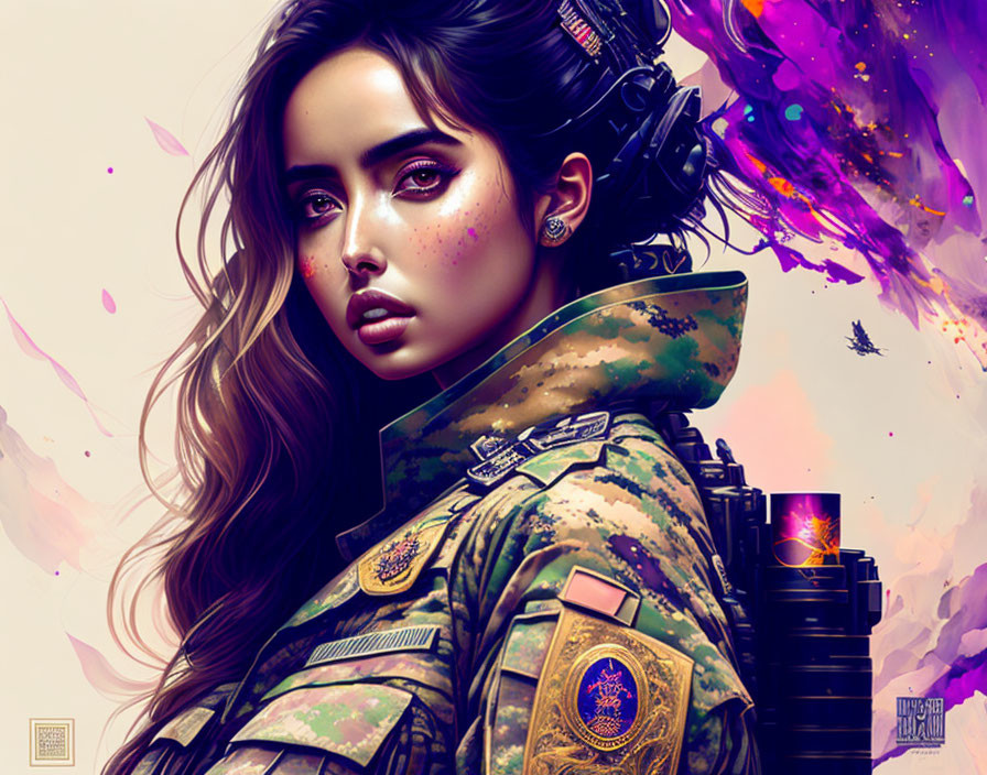 Digital artwork: Woman with detailed makeup in military jacket on vibrant purple and pink backdrop