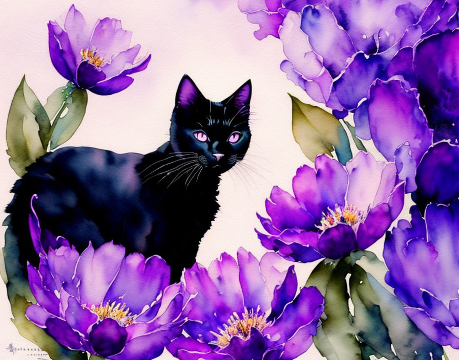 Black Cat with Blue Eyes Among Purple Flowers on Pink Background