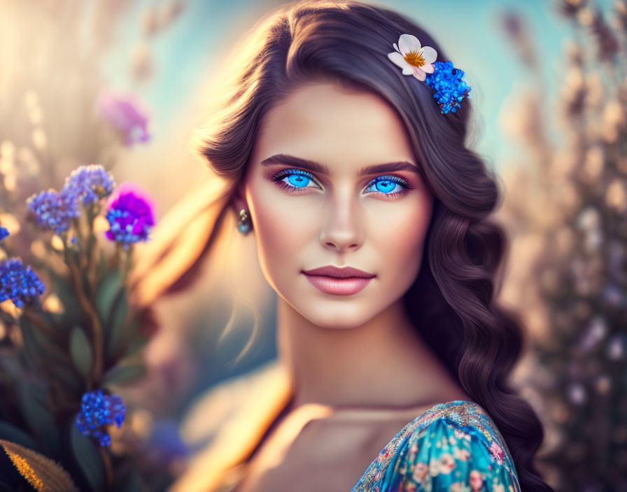 Woman with vibrant blue eyes and wavy hair surrounded by flowers in serene garden setting