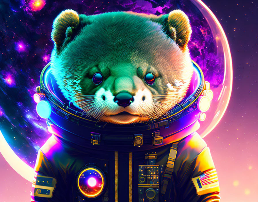 Astronaut otter with reflective helmet in vibrant space scene