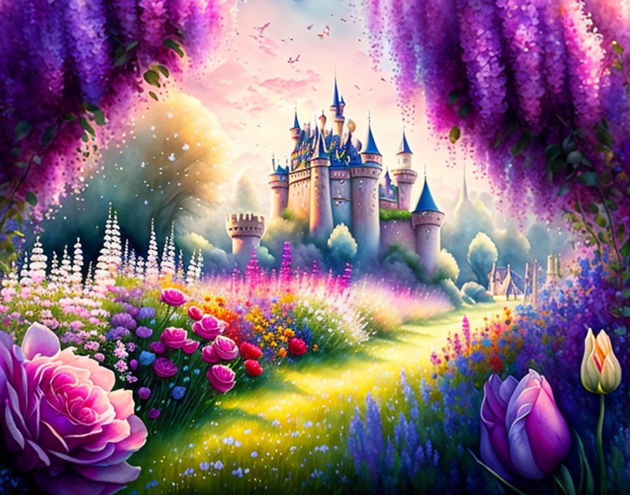 Vibrant fairytale castle in blooming fantasy garden