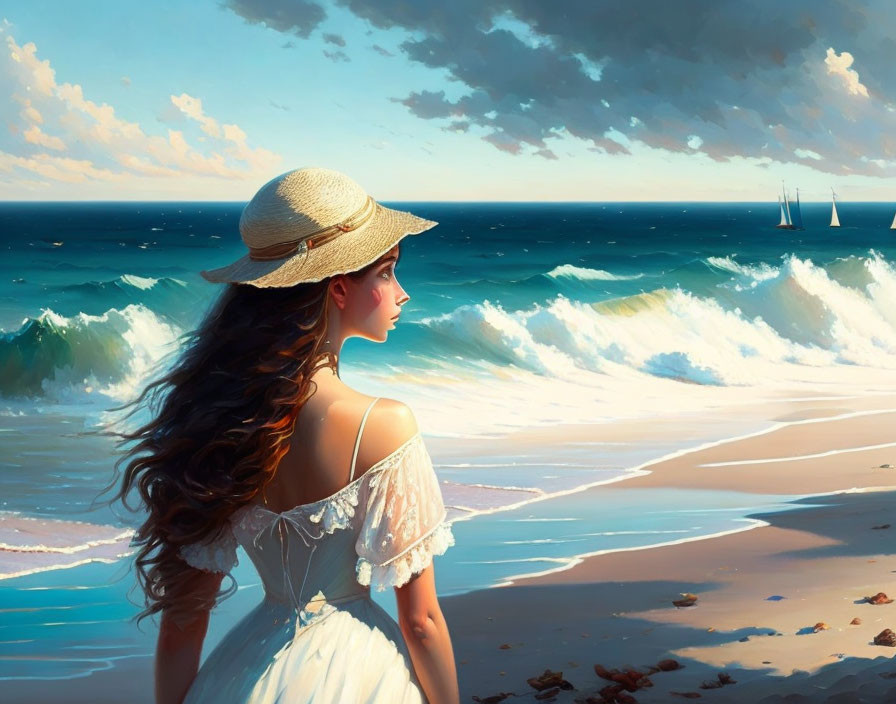 Woman in white dress and straw hat by the sea with sailboat and waves under cloudy sky