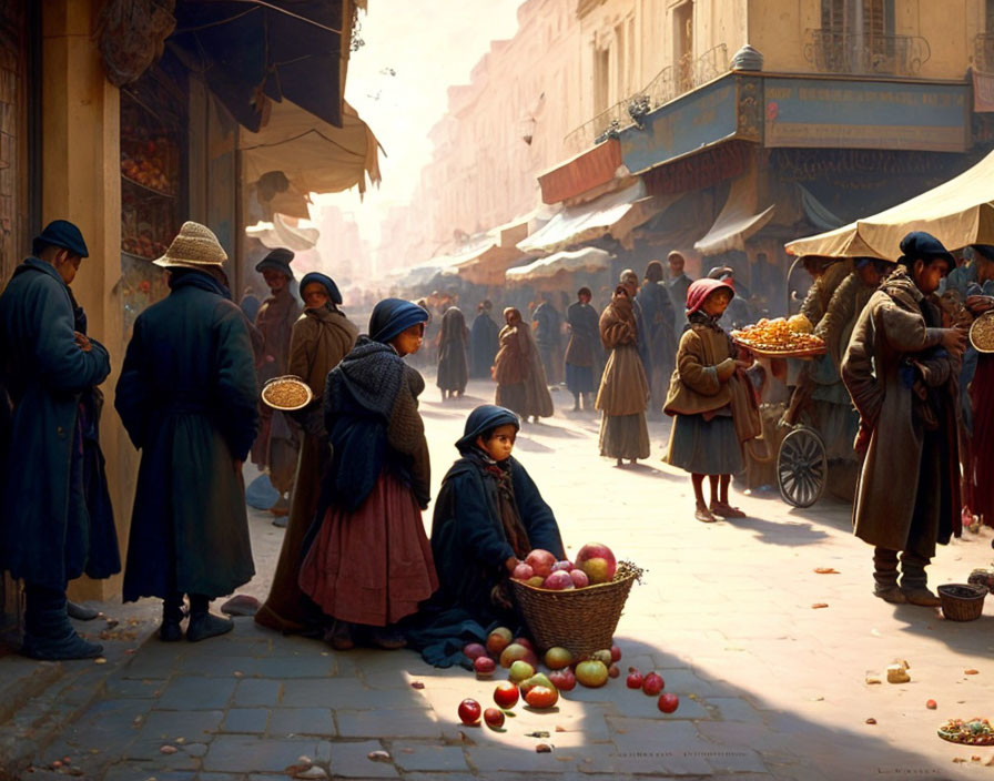 Traditional clothing market street scene with people examining goods and woman with fruit basket in warm sunlight.