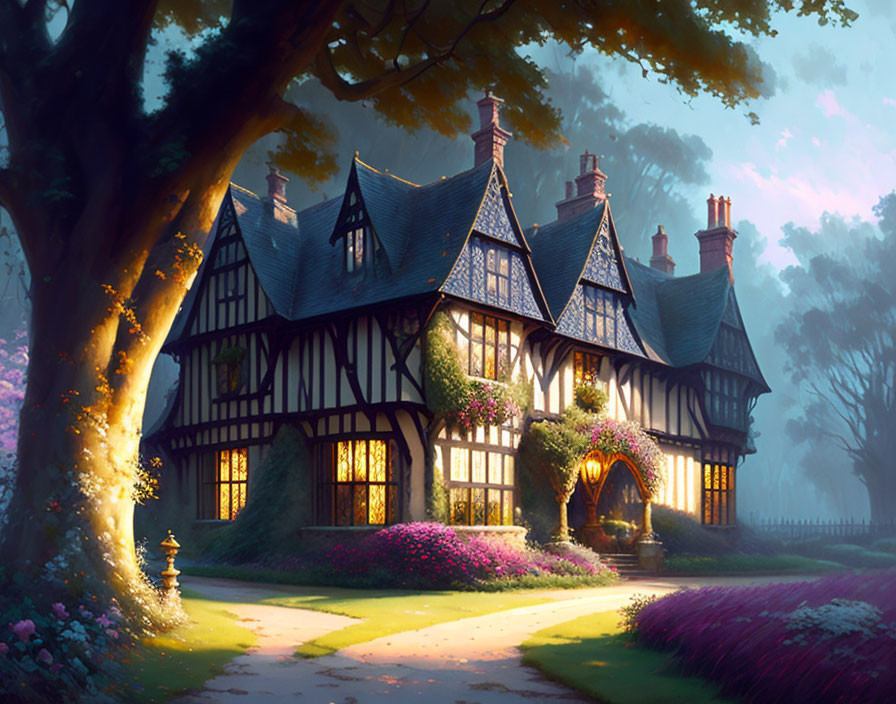 Twilight Forest Setting with Tudor-Style Cottage