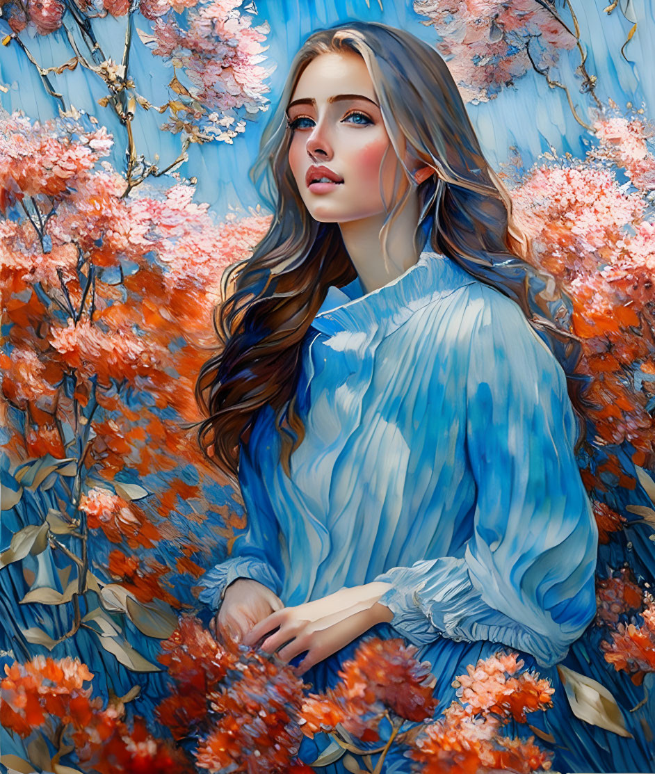 Digital Artwork: Woman with Auburn Hair in Blue Blouse Among Pink Cherry Blossoms