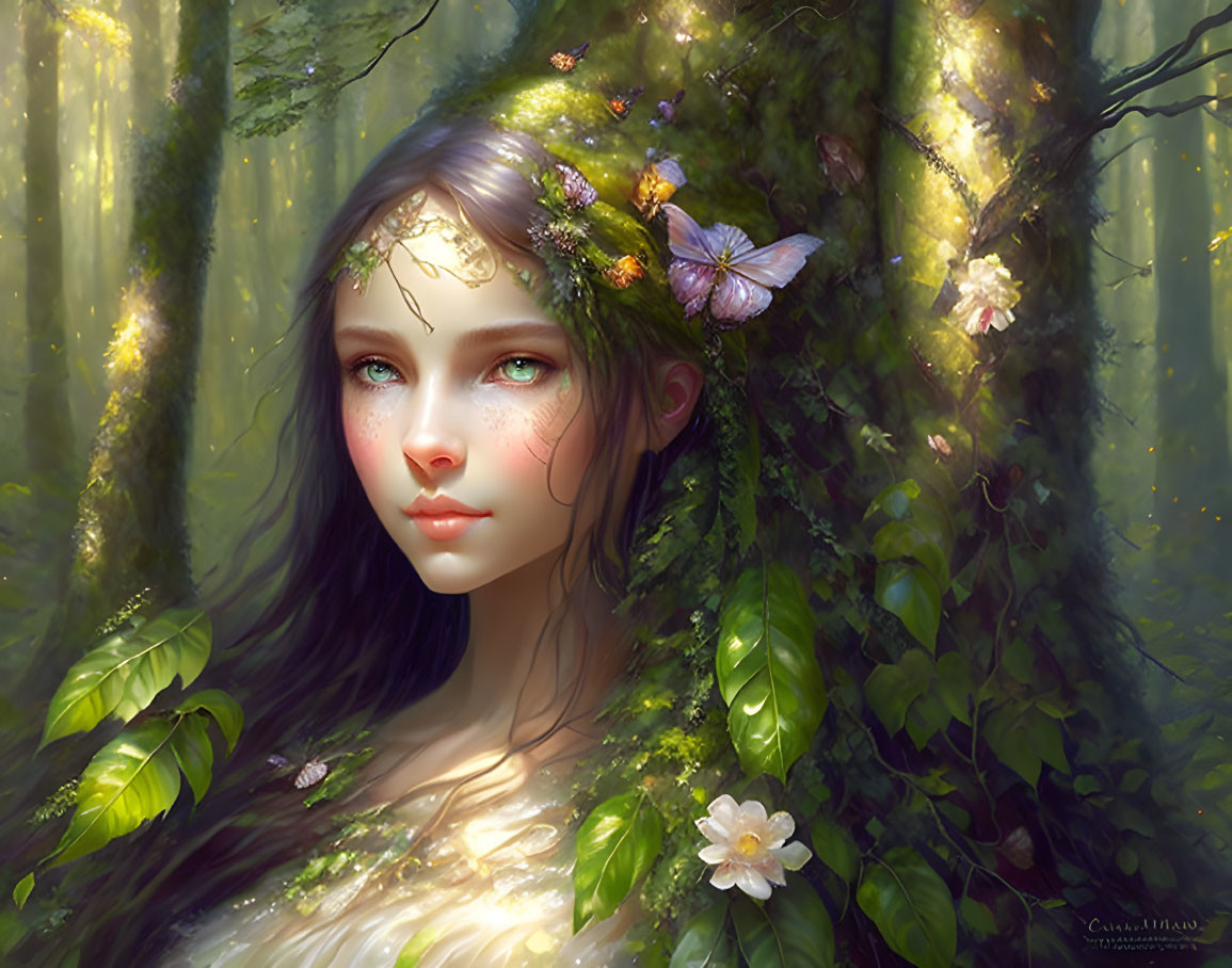 Whimsical artwork of woman with foliage and butterflies in sunlit forest