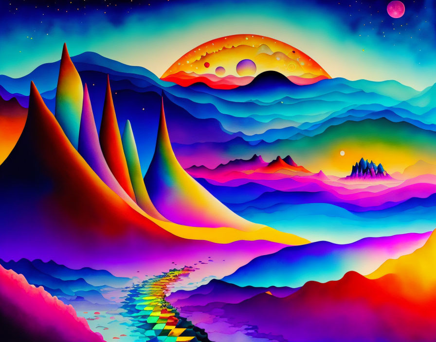 Colorful surreal landscape with multicolored mountains, wavy sea, half-sun, starry