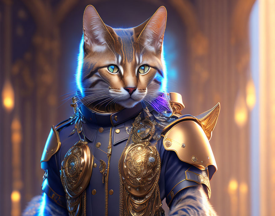 Majestic cat in golden armor with green eyes on warm backdrop