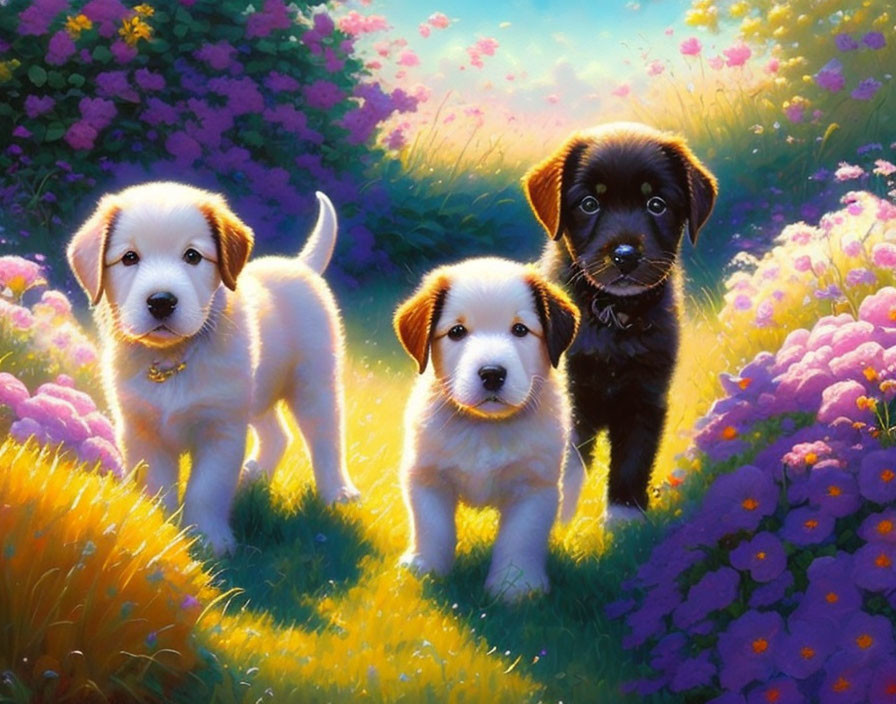 Three puppies in colorful flower meadow.