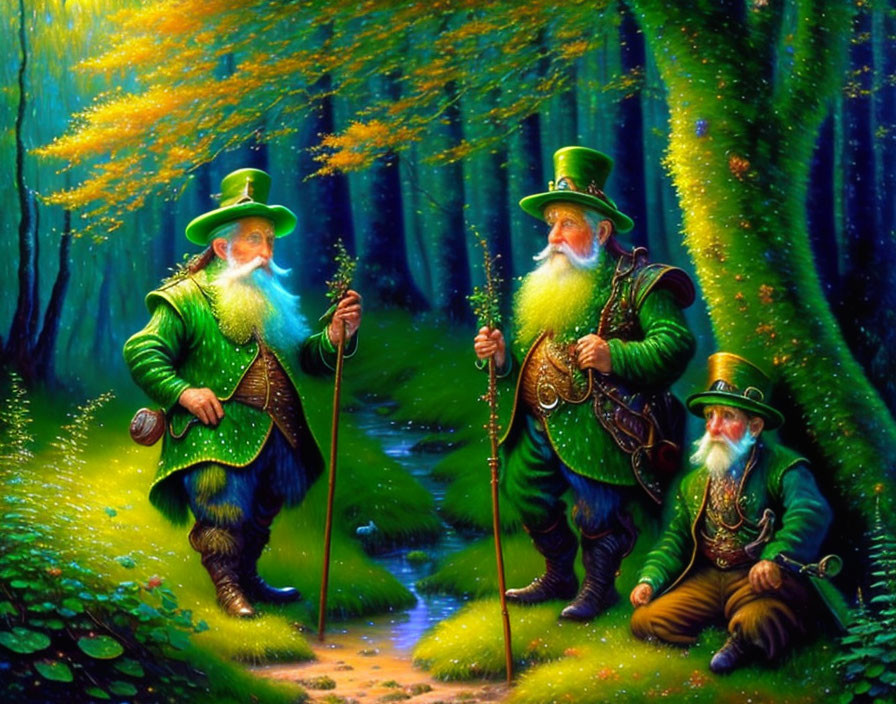 Three leprechauns in green outfits with long white beards in sunlit forest