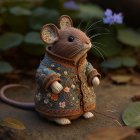 Anthropomorphic mouse in floral attire surrounded by lush plants