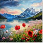 Tranquil river scene with blooming daisies and colorful sky at twilight