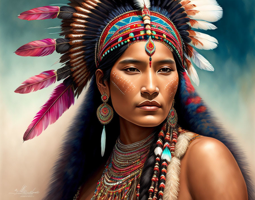 Digital painting of a person in Native American headdress with vibrant feathers