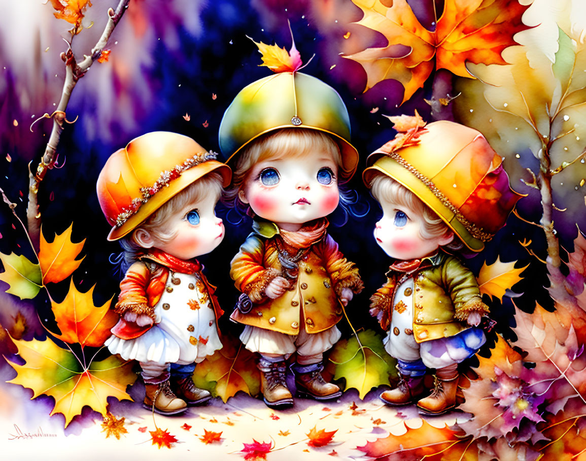 Three children in autumn outfits surrounded by fall leaves