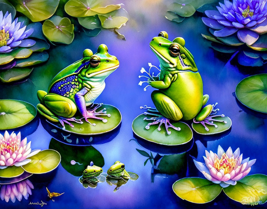 Three Green Frogs on Lilypads with Purple Water Lilies in Pond