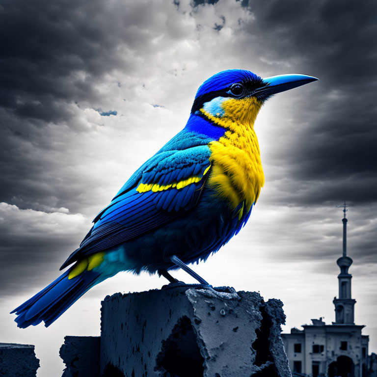 Colorful bird on concrete with stormy skies and building silhouette