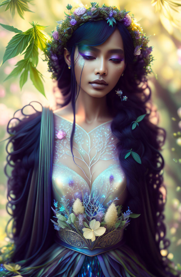 Fantasy illustration of woman with floral crown and luminescent plants.