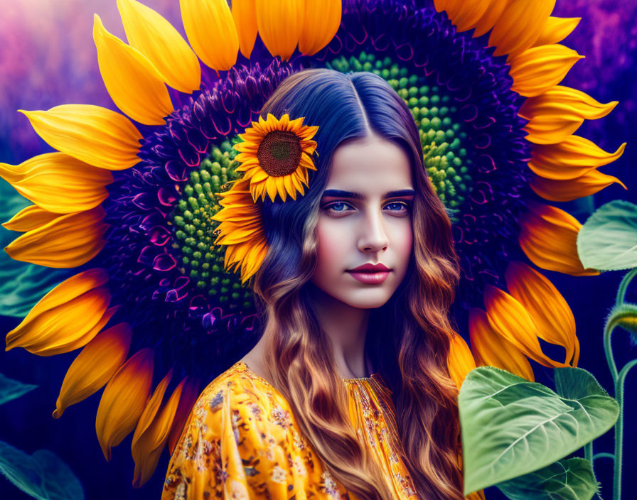 Young Woman with Blue Eyes Surrounded by Sunflowers in Colorful Field