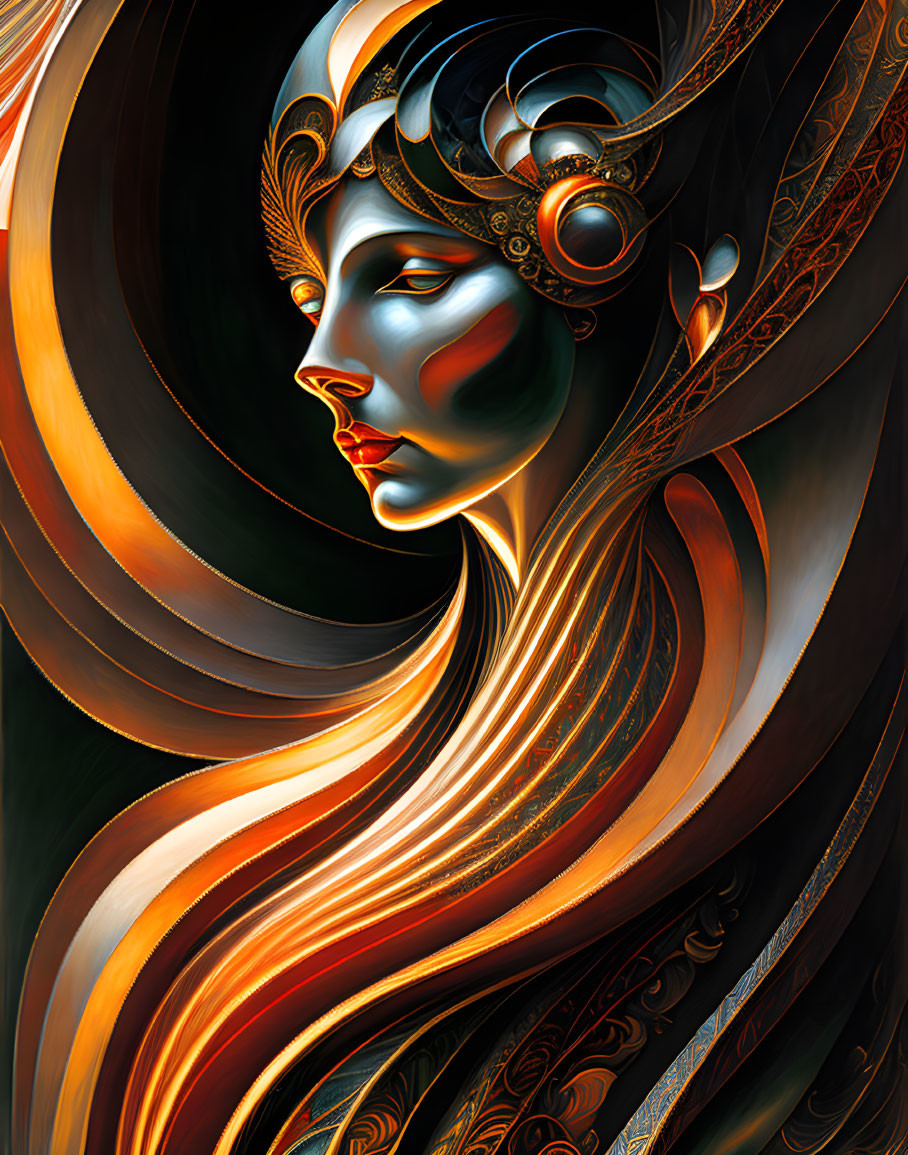 Stylized portrait with ornate headgear and golden design in art nouveau fantasy blend