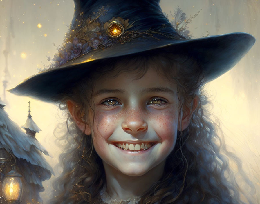 Young girl in witch hat with freckles and glowing eyes in magical setting