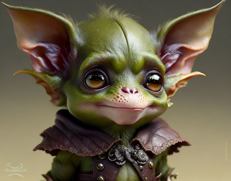 Detailed digital illustration: Fantasy creature with bat-gremlin features