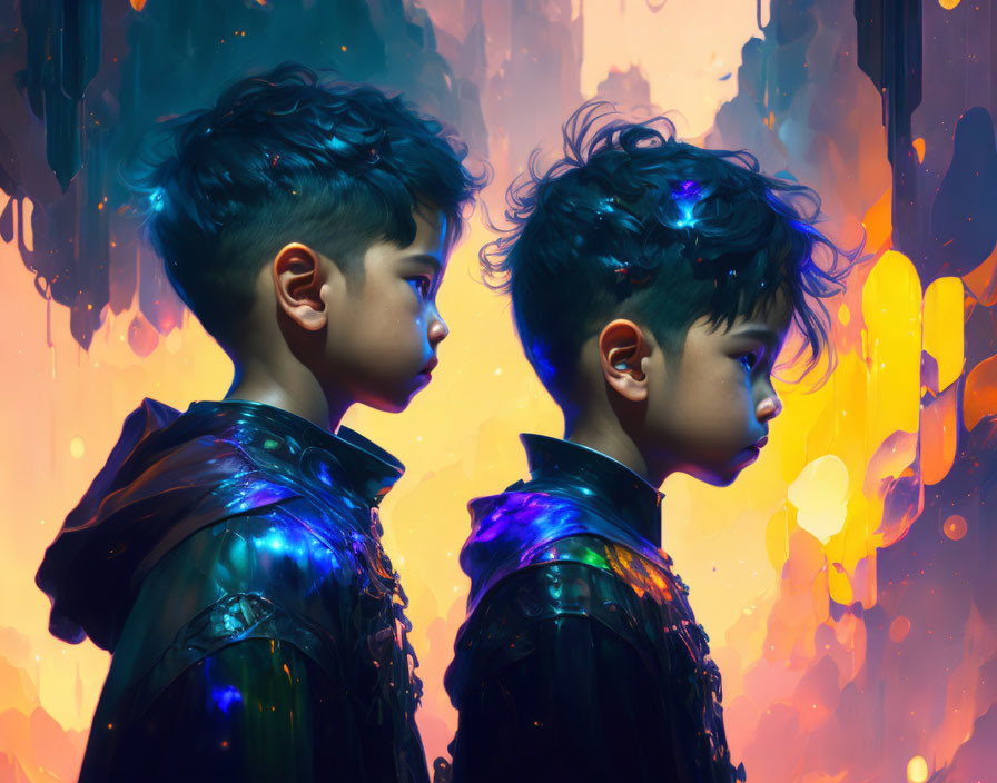 Dark-haired children in futuristic armor under neon lights against colorful backdrop